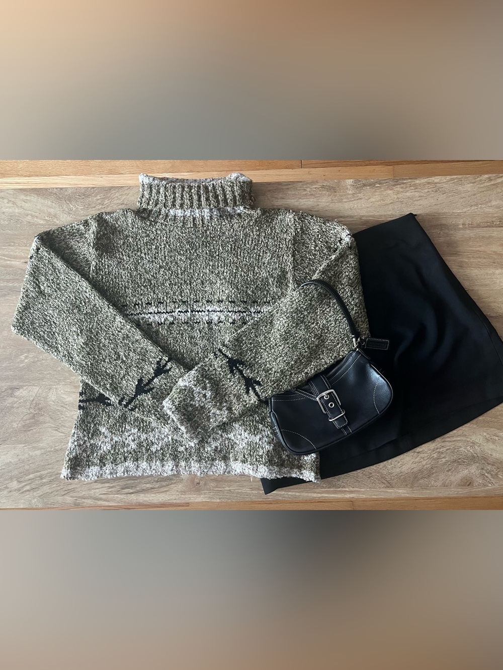 Olive Marled Turtleneck Sweater with Contrast Stitching by Ilanco.